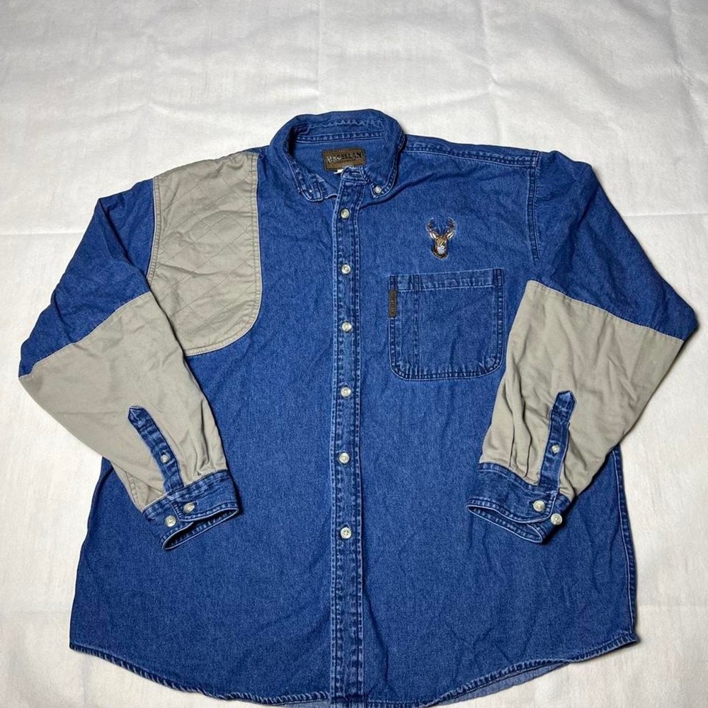 Magellan Sportswear blue denim button-up shirt with deer embroidery